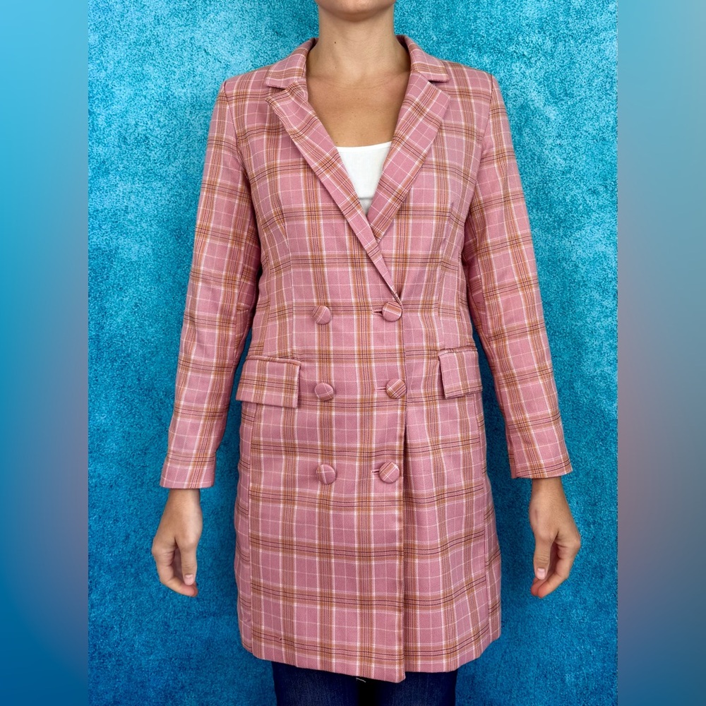 Nasty Gal Pink Plaid Double-Breasted Blazer